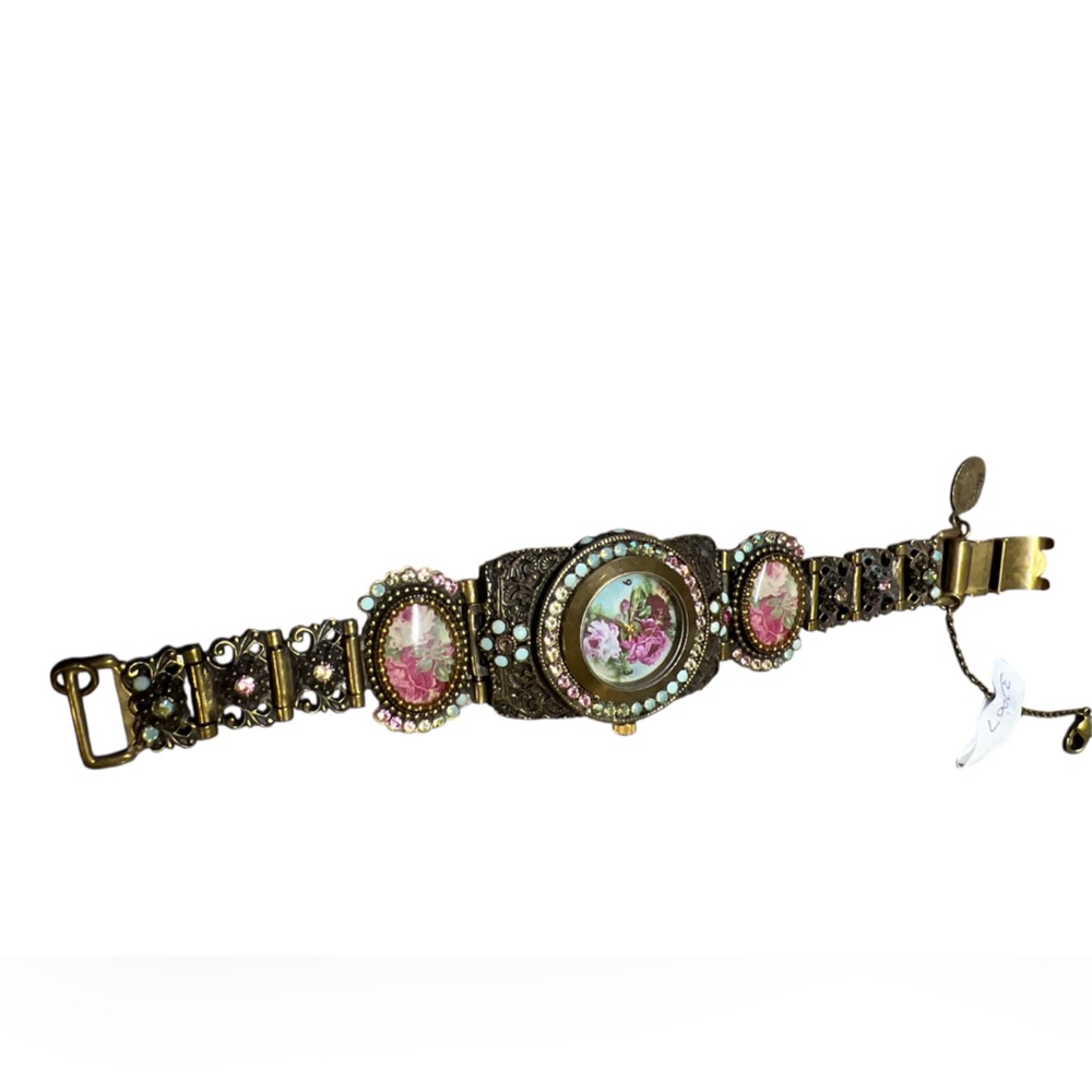 Michal Negrin Vintage Style Ornate Watch with Pink Accents
